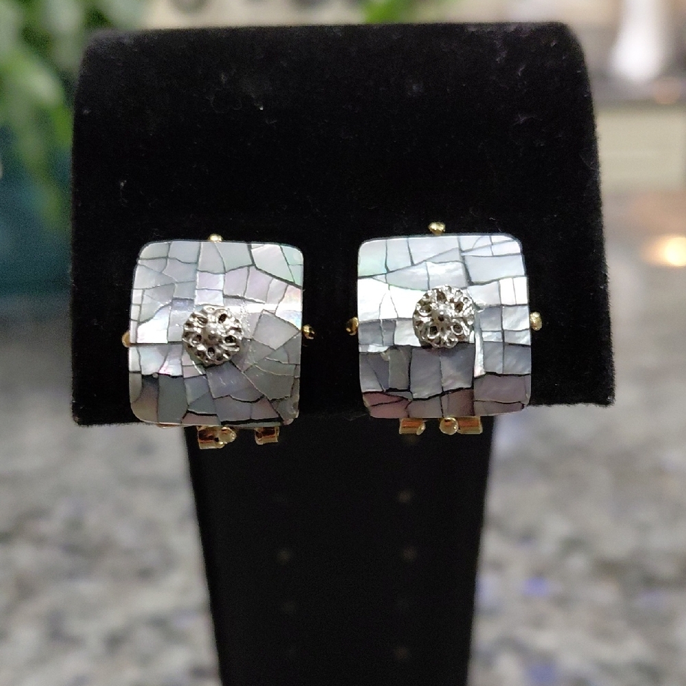 "Liz Claiborne" Flawless Condition, Silver Abalone Shell Mosaic Earrings....